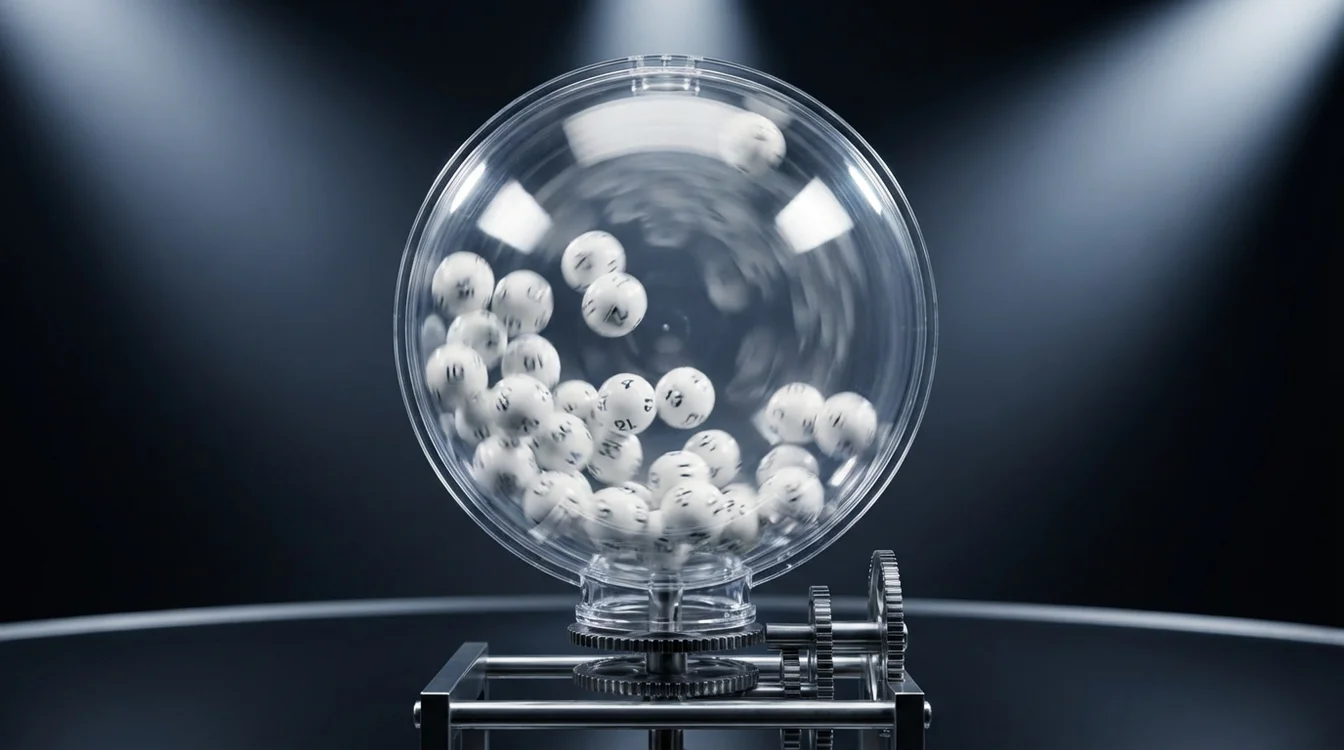 Globo de sorteio em movimento com bolas numeradas girando