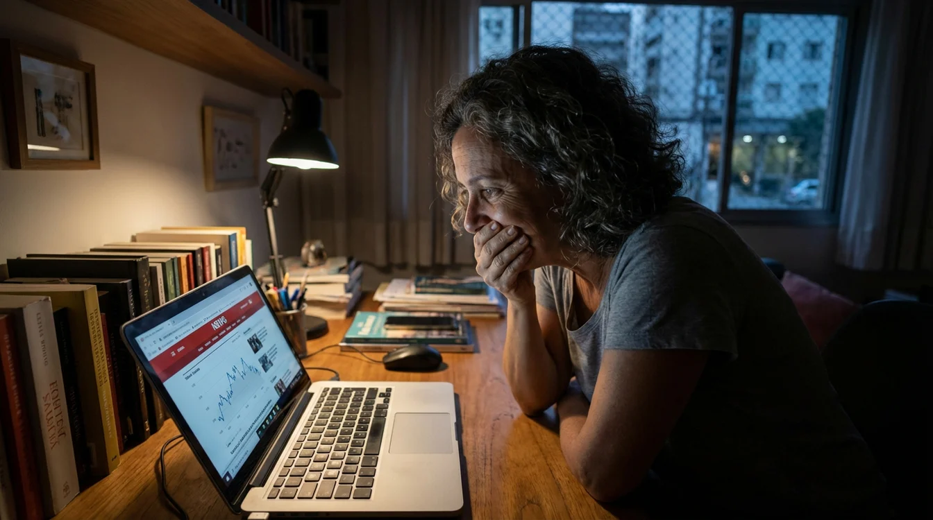 Pessoa com express&atilde;o preocupada olhando para tela de computador