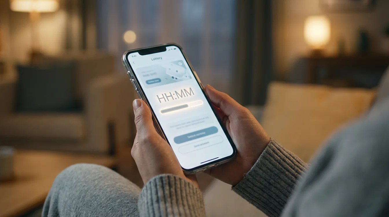 Smartphone mostrando aplicativo de loterias com contagem regressiva para encerramento