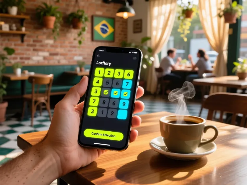 Pessoa fazendo aposta na loteria pelo smartphone em um café