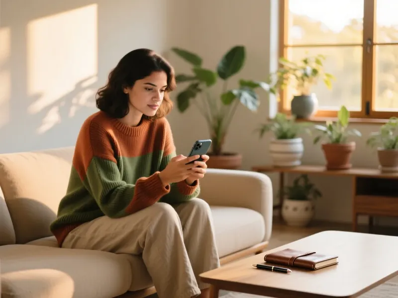 Mulher brasileira jovem sentada confortavelmente em casa usando smartphone para fazer apostas online, ambiente acolhedor com luz natural