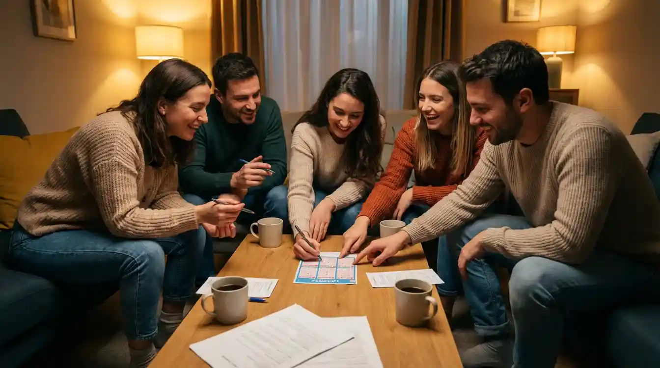 Amigos reunidos escolhendo n&uacute;meros para bol&atilde;o de loteria