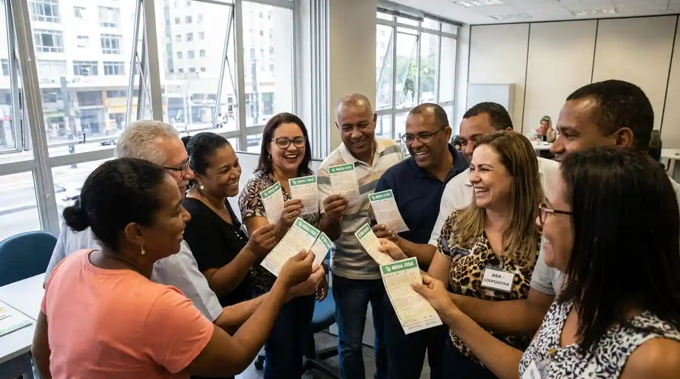 Grupo de pessoas reunidas celebrando com bilhetes de loteria