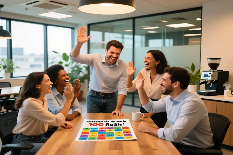 Grupo diverso de colegas de trabalho celebrando juntos em ambiente de escritório, participando de um bolão da Mega da Virada com expressões de alegria e camaradagem