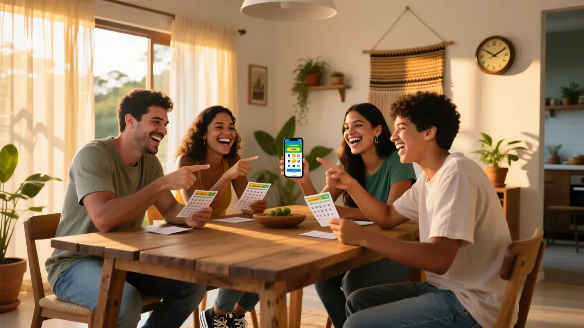 Grupo de amigos brasileiros reunidos olhando bilhetes de loteria juntos