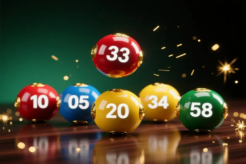 Seis bolas coloridas de loteria com números da Mega-Sena dispostas artisticamente sobre superfície de madeira escura com iluminação dramática