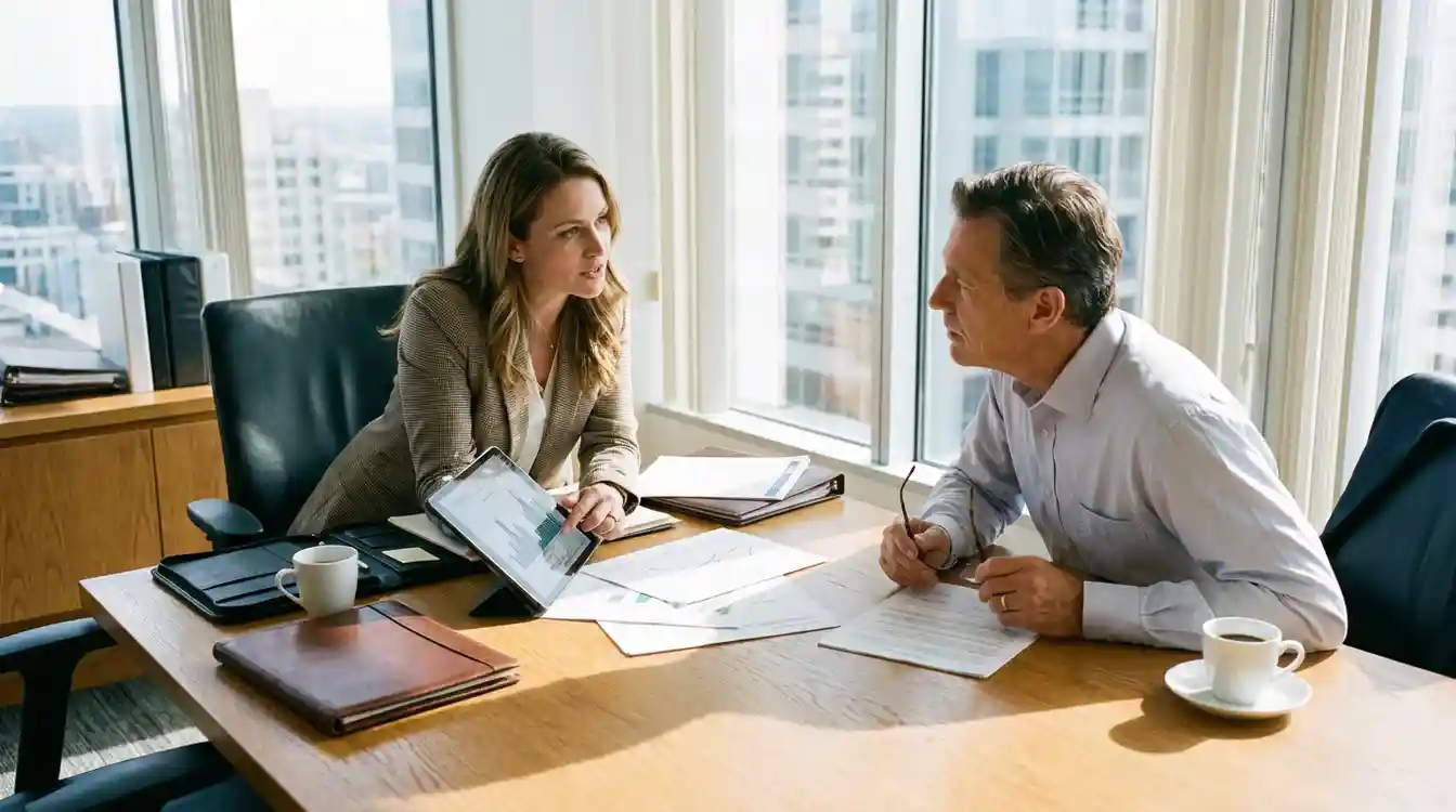 Profissional explicando documentos para cliente em reunião