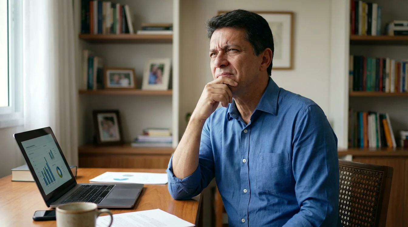 Pessoa tomando decis&atilde;o financeira com express&atilde;o ponderada
