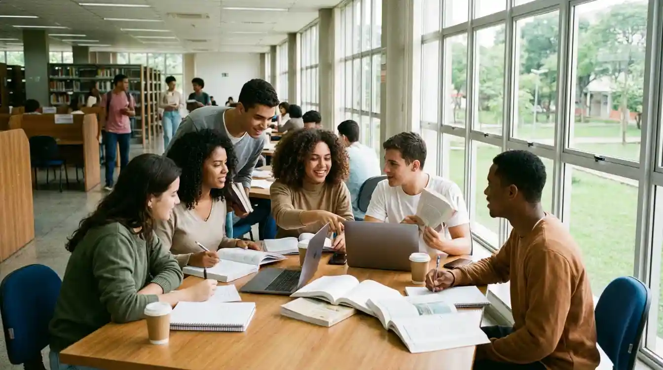 Estudantes universit&aacute;rios em ambiente de estudo