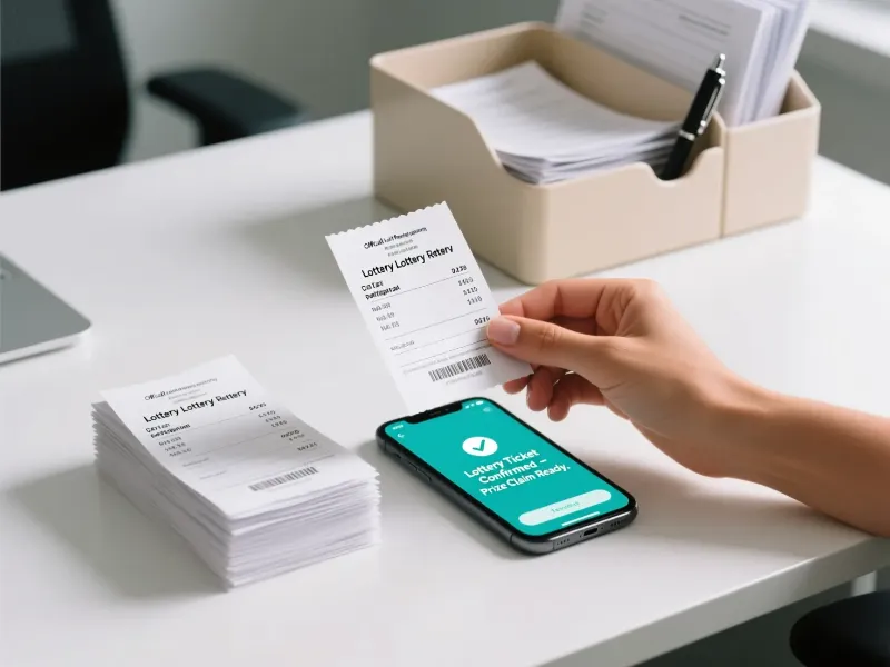 Recibos oficiais de loteria organizados com smartphone mostrando confirma&ccedil;&atilde;o