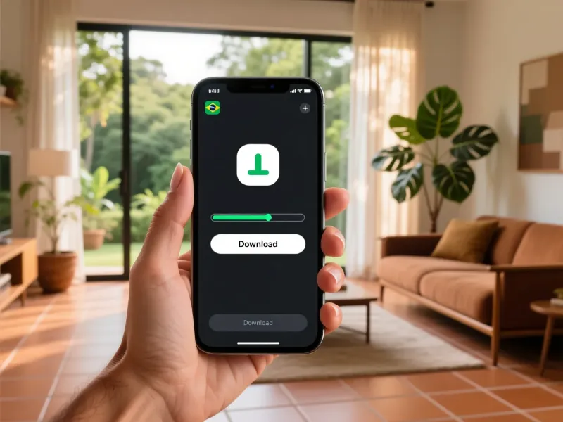 Mão segurando celular baixando aplicativo oficial de loterias