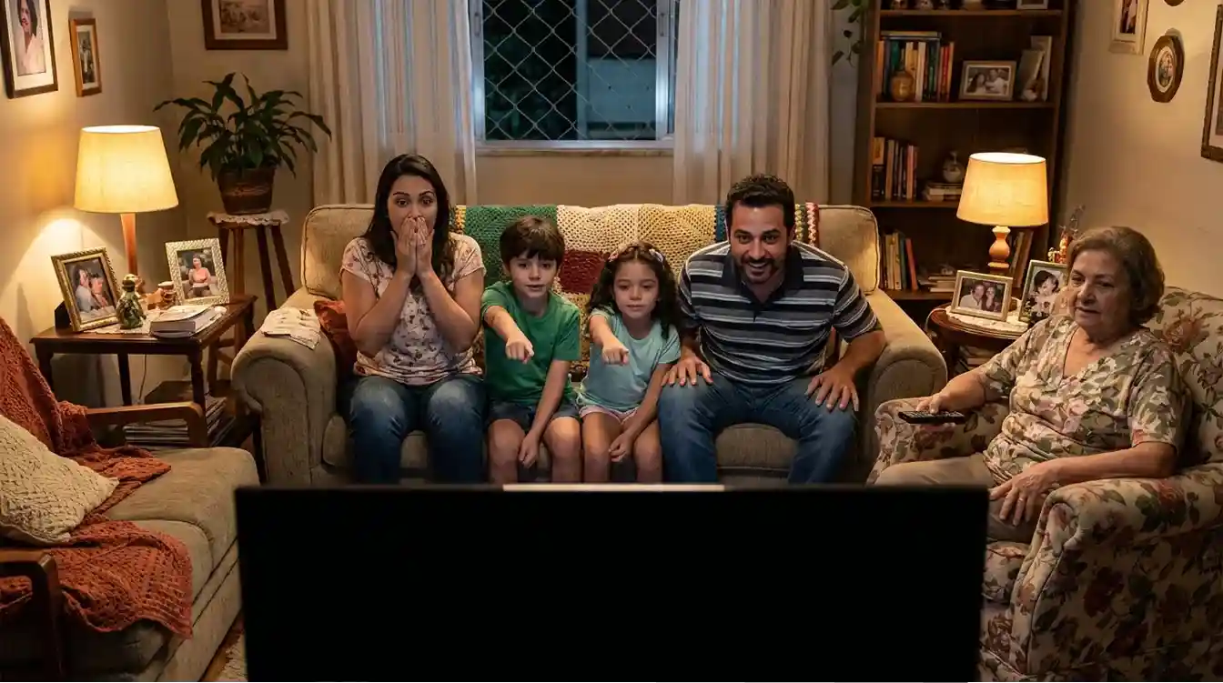 Fam&iacute;lia reunida assistindo sorteio de loteria na televis&atilde;o