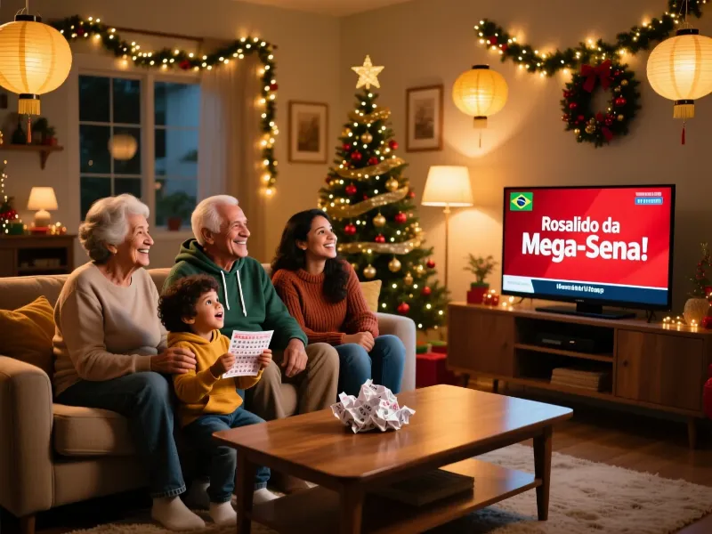 Fam&iacute;lia brasileira reunida assistindo ao sorteio da loteria na televis&atilde;o