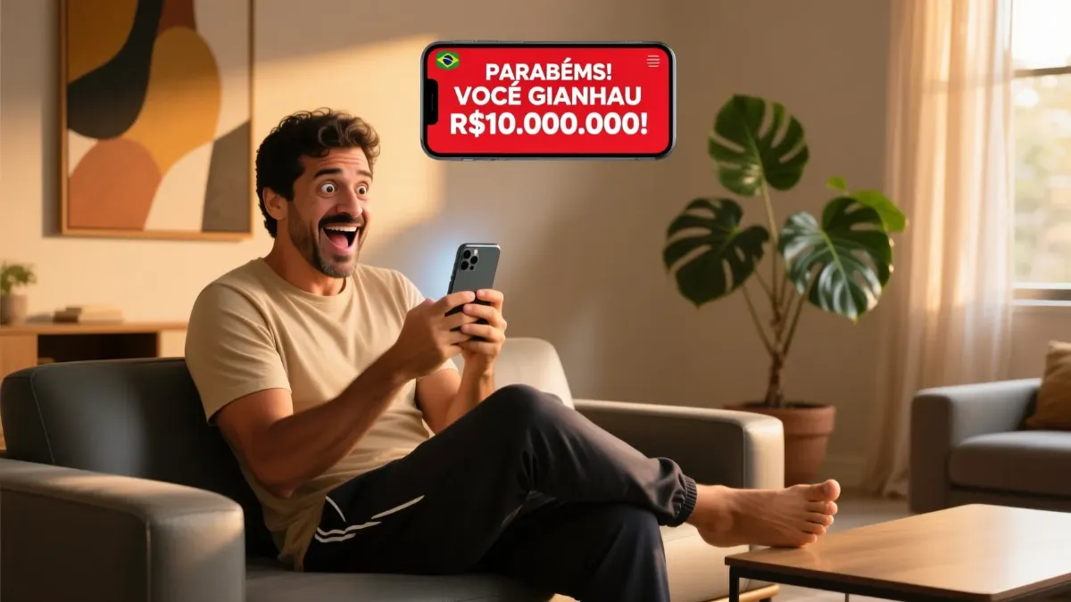 Pessoa brasileira olhando para smartphone com expressão de alegria ao descobrir vitória na loteria