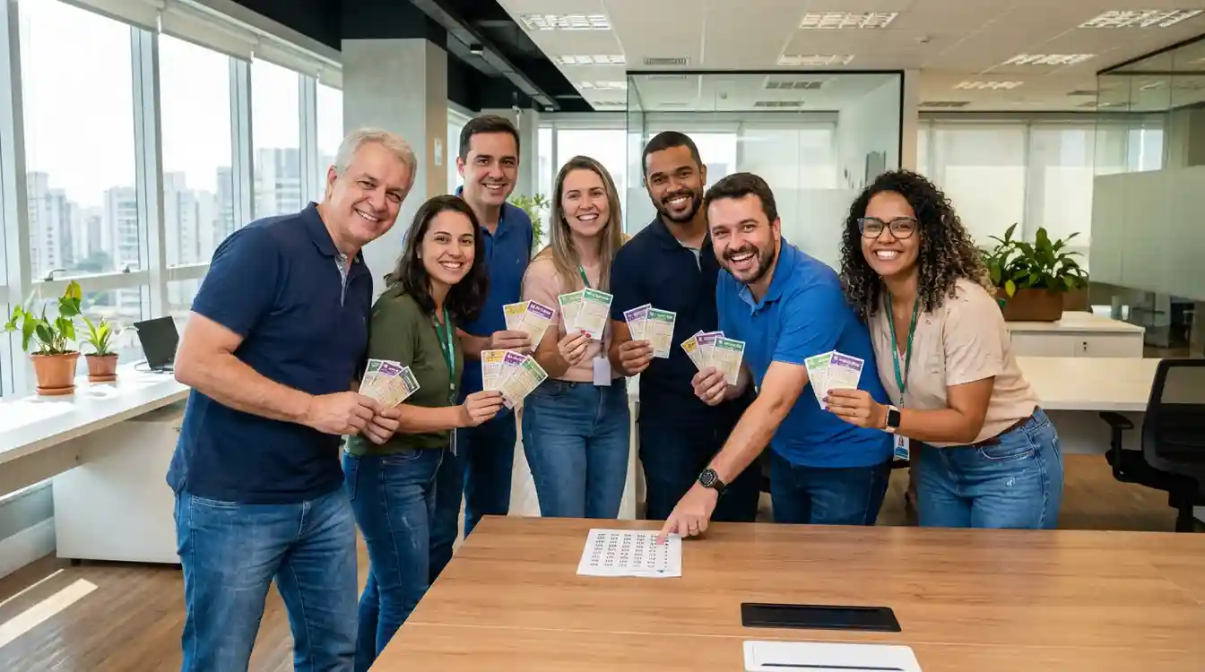 Grupo de colegas de trabalho reunidos organizando um bol&atilde;o de loteria