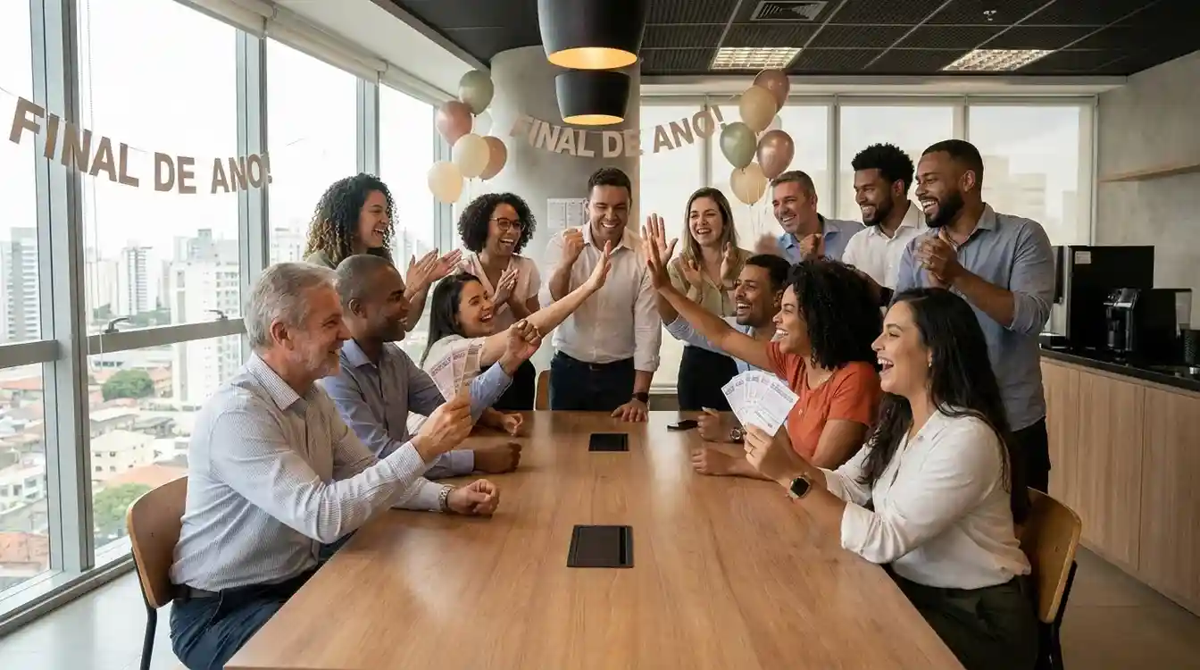 Grupo de pessoas celebrando participação em bolão de loteria