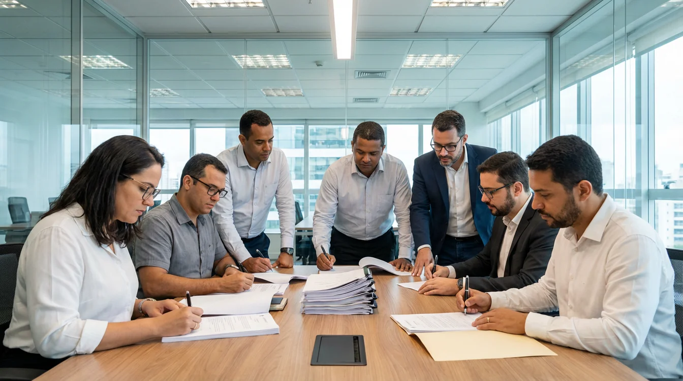 Grupo de pessoas assinando documentos de acordo para divisão de prêmio
