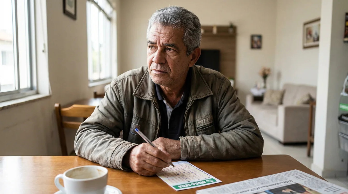 Pessoa pensativa olhando para volante de loteria