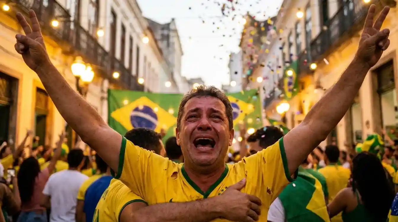 Pessoa celebrando vitória com expressão de alegria e mãos levantadas