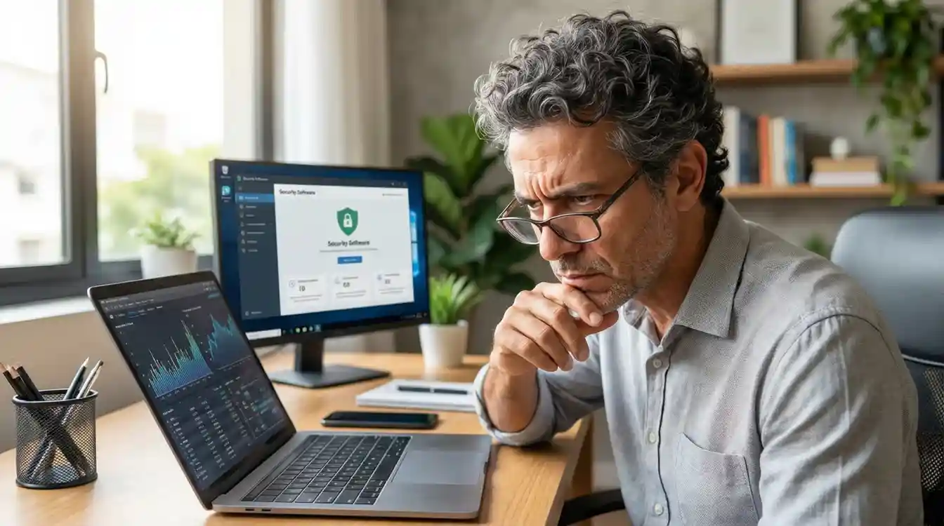 Pessoa atenta analisando informações de segurança em dispositivo digital