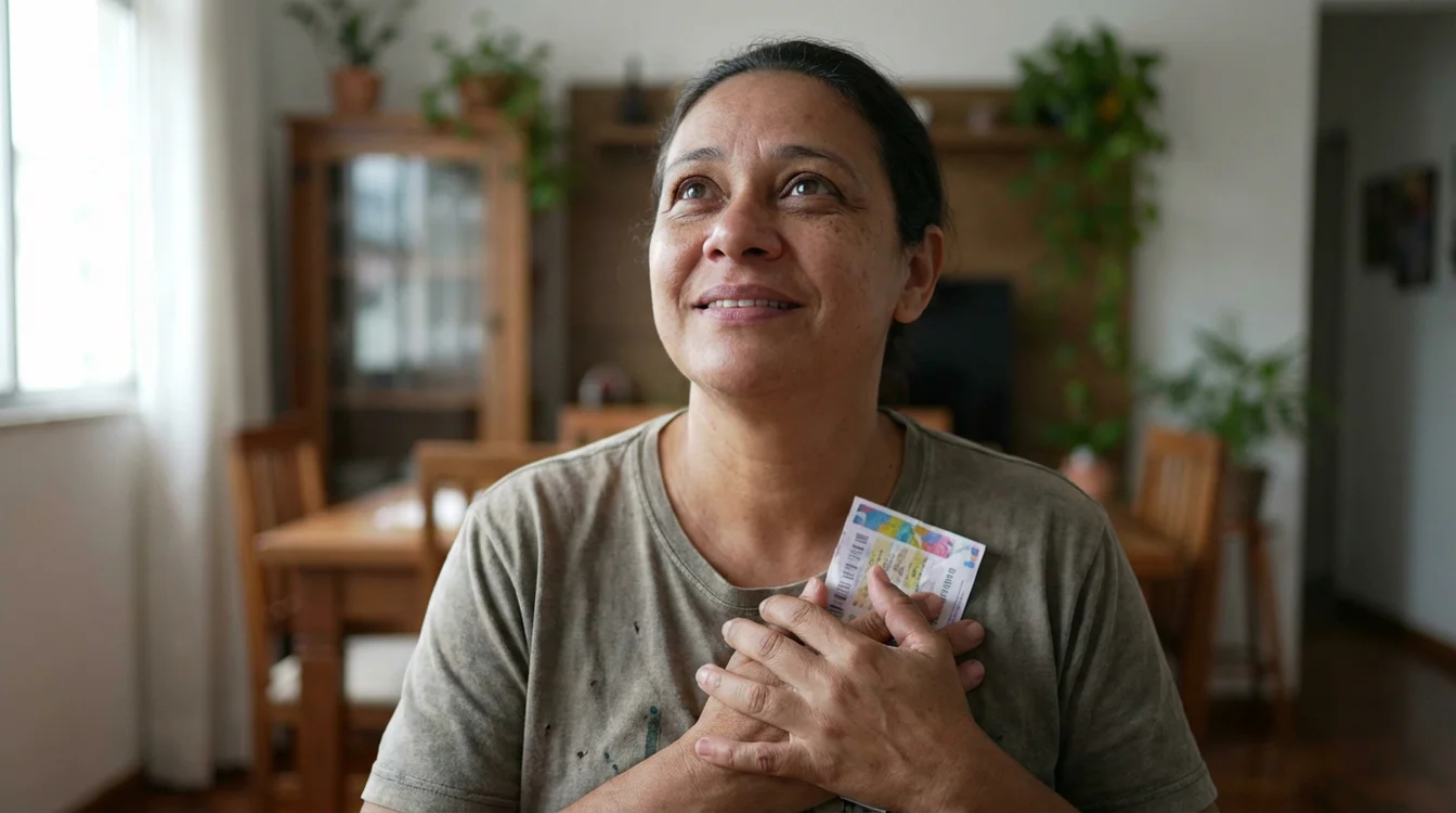Pessoa segurando bilhete de loteria com expressão de esperança