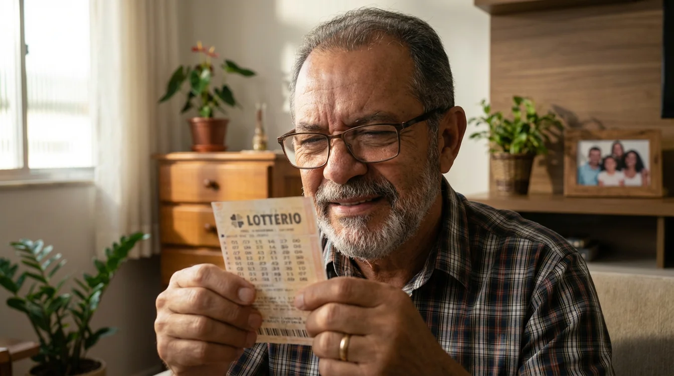 Pessoa conferindo bilhete de loteria com expressão de expectativa