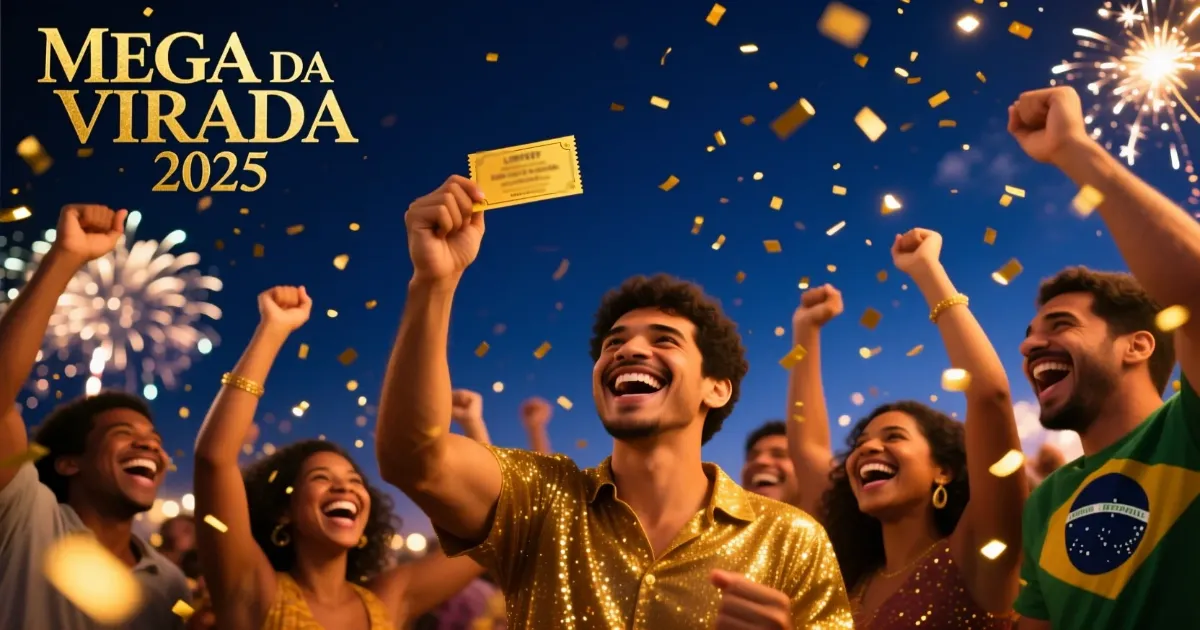 Grupo de brasileiros celebrando a virada do ano com confetes dourados e fogos de artifício, representando a esperança e alegria da Mega da Virada 2025