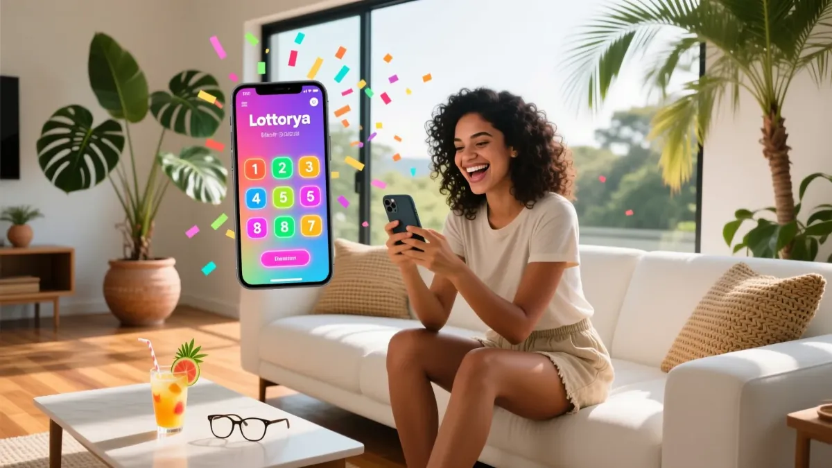 Mulher brasileira feliz jogando na loteria pelo celular em casa