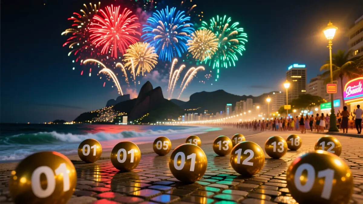 Fogos de artifício de Réveillon no Brasil com bolas de loteria douradas