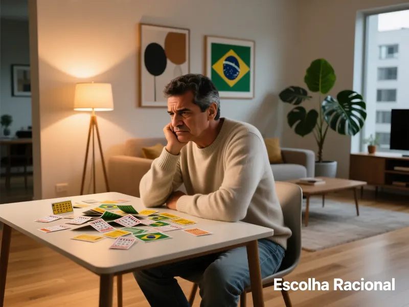 Pessoa pensativa analisando bilhetes de loteria em uma mesa
