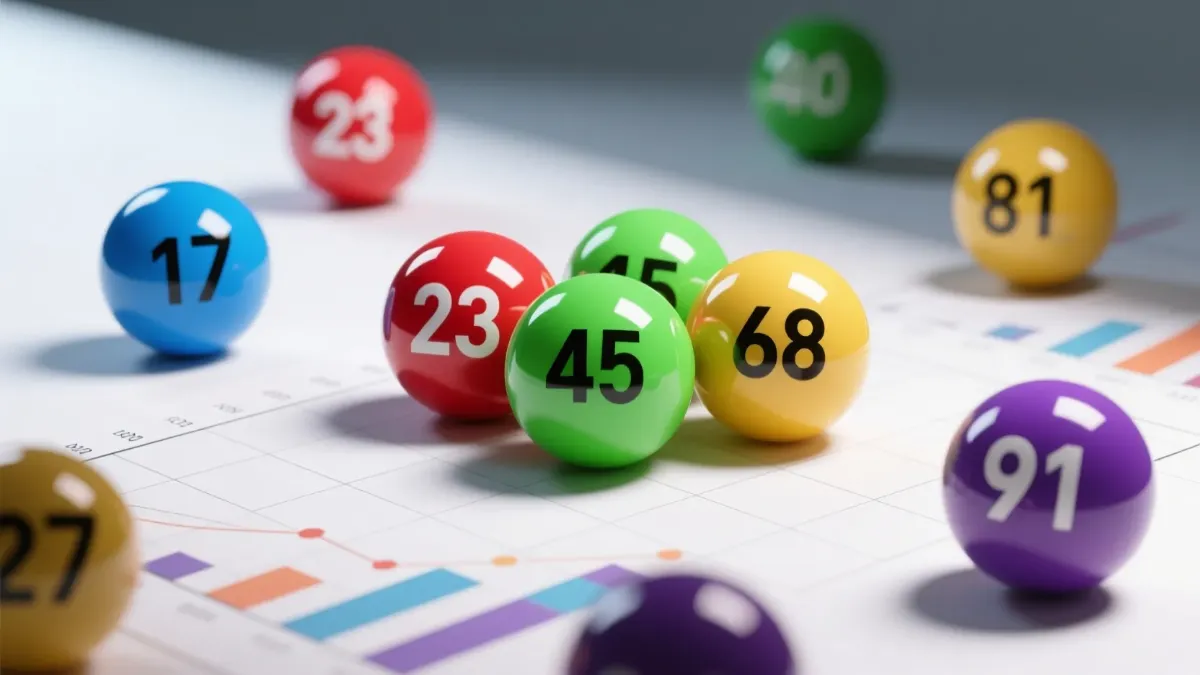 Bolas coloridas de loteria com números espalhadas em superfície branca
