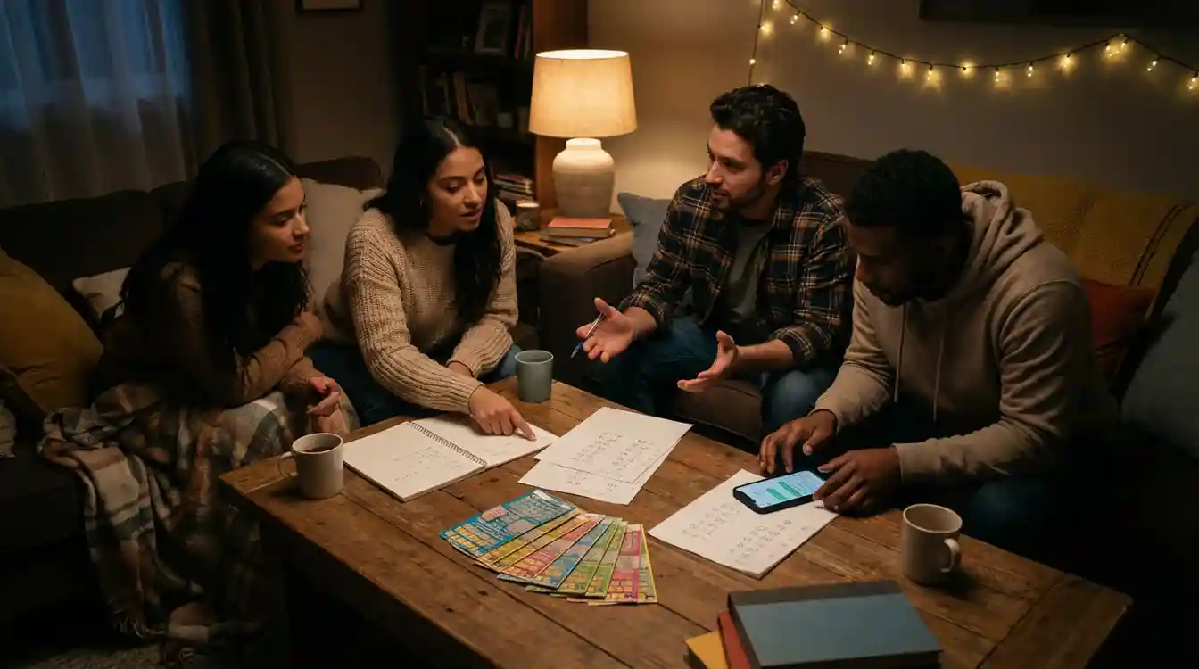 Amigos reunidos em mesa organizando apostas de loteria em grupo