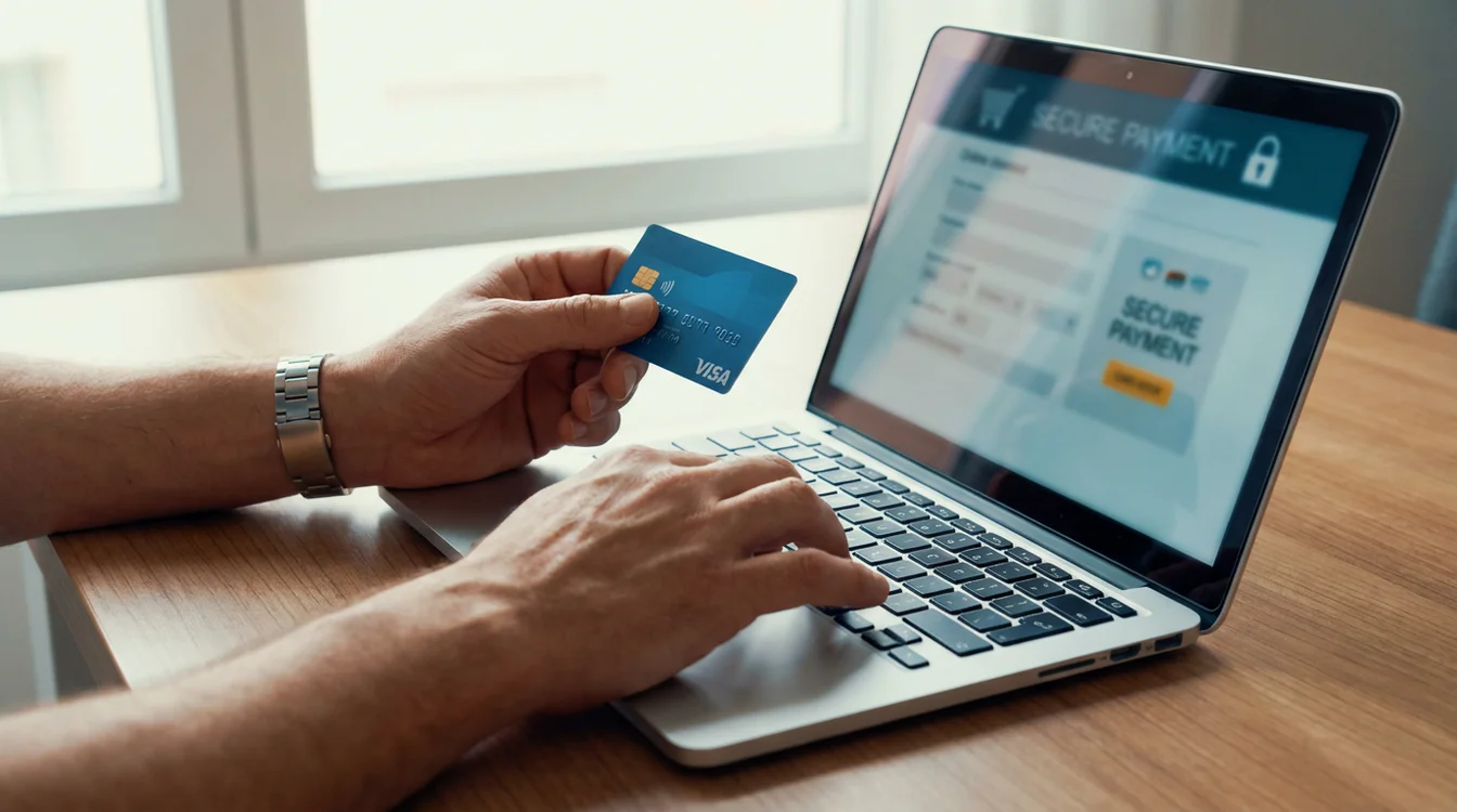 Pessoa segurando cartão de crédito enquanto usa computador
