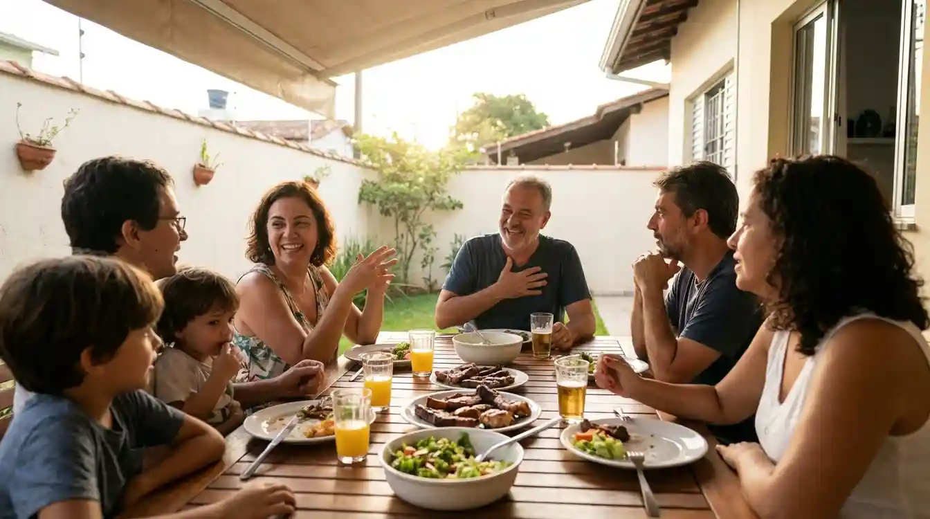 Grupo de amigos comemorando juntos de forma equilibrada