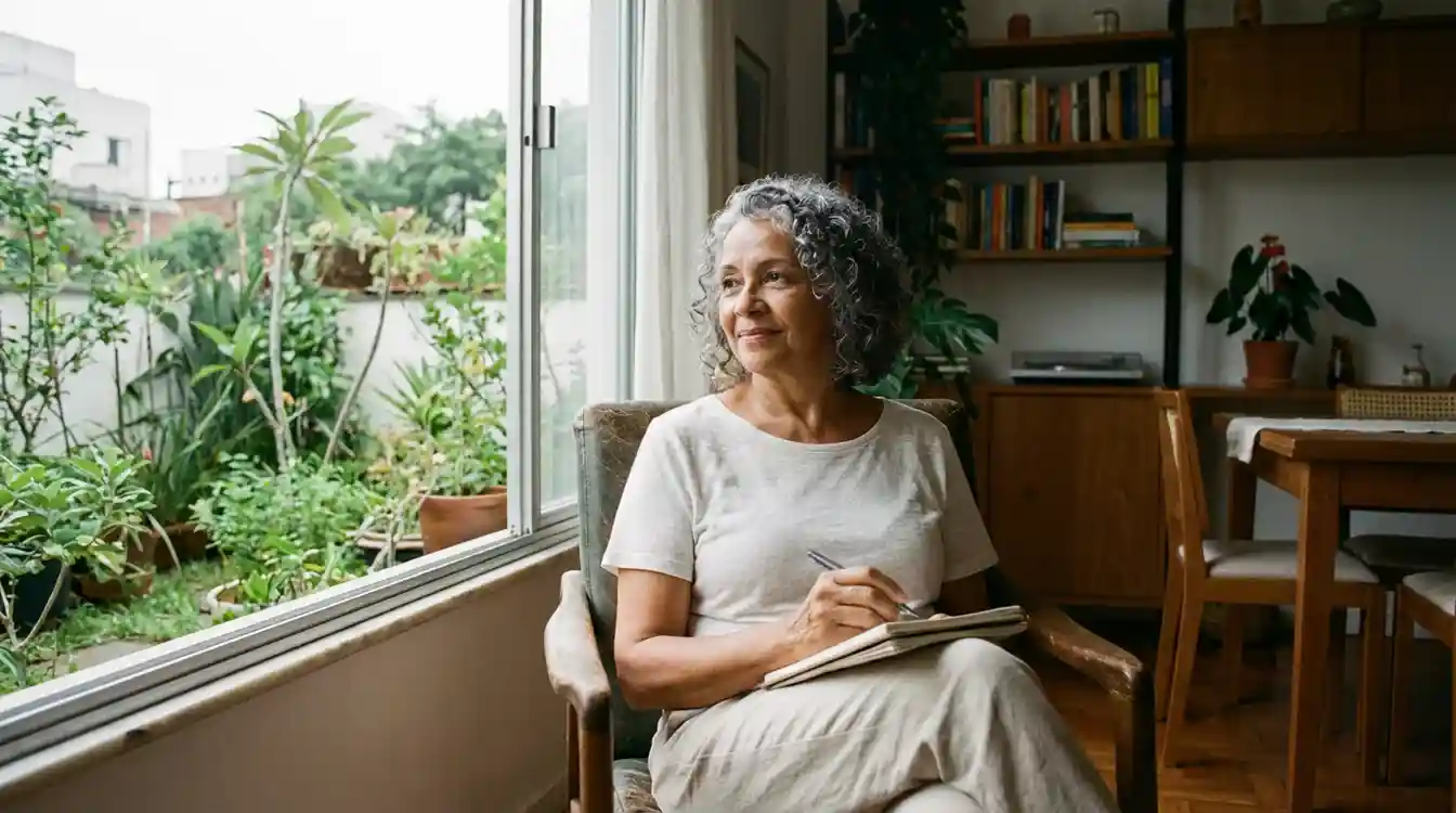 Pessoa pensativa olhando pela janela com expressão contemplativa