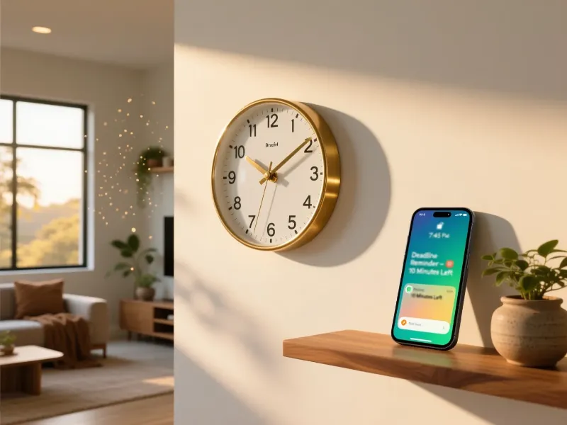 Relógio analógico na parede ao lado de smartphone com alerta de notificação