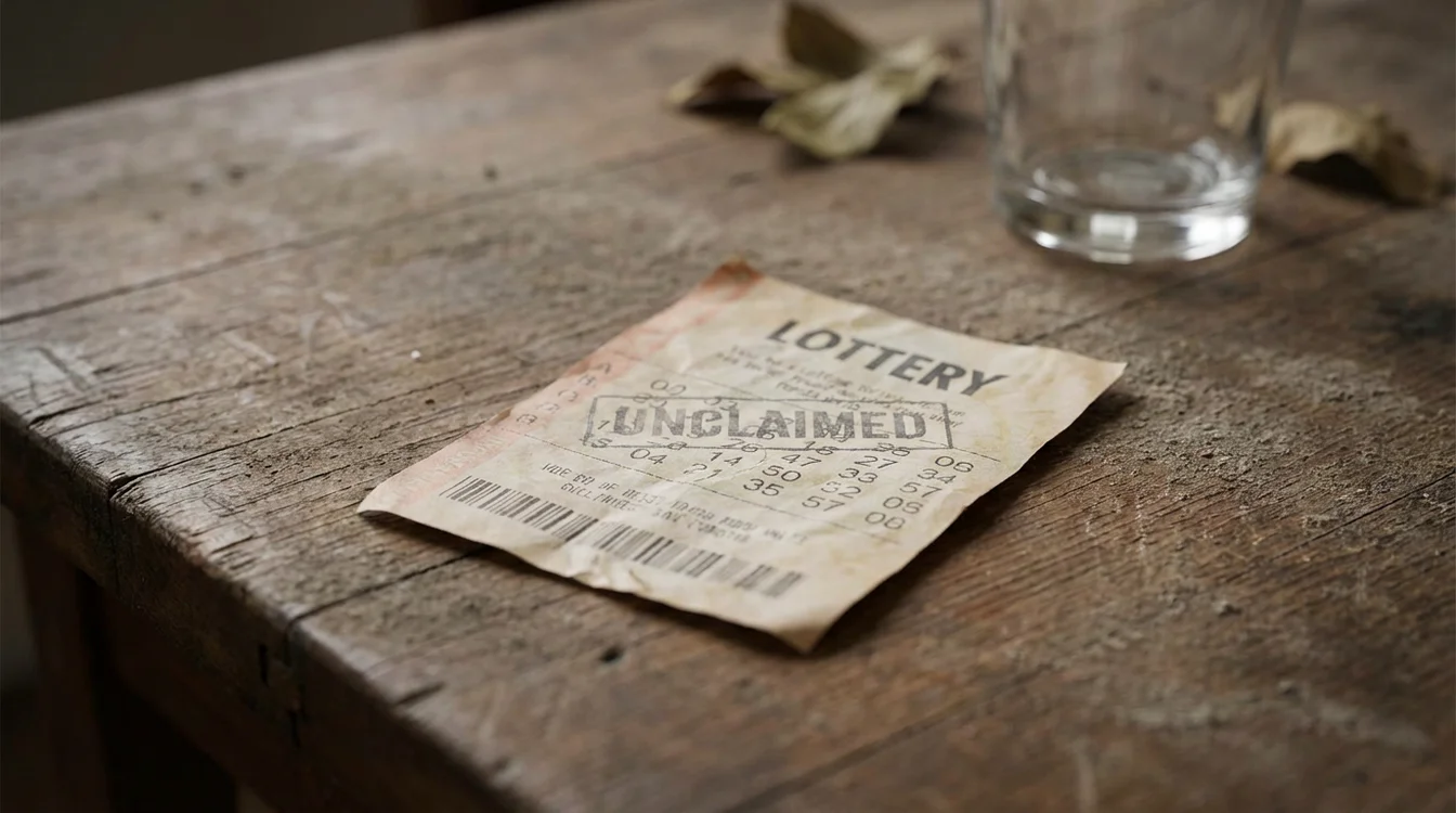 Bilhete de loteria abandonado sobre mesa empoeirada