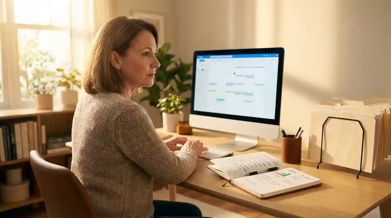 Pessoa organizando documentos e acessando computador com antecedência