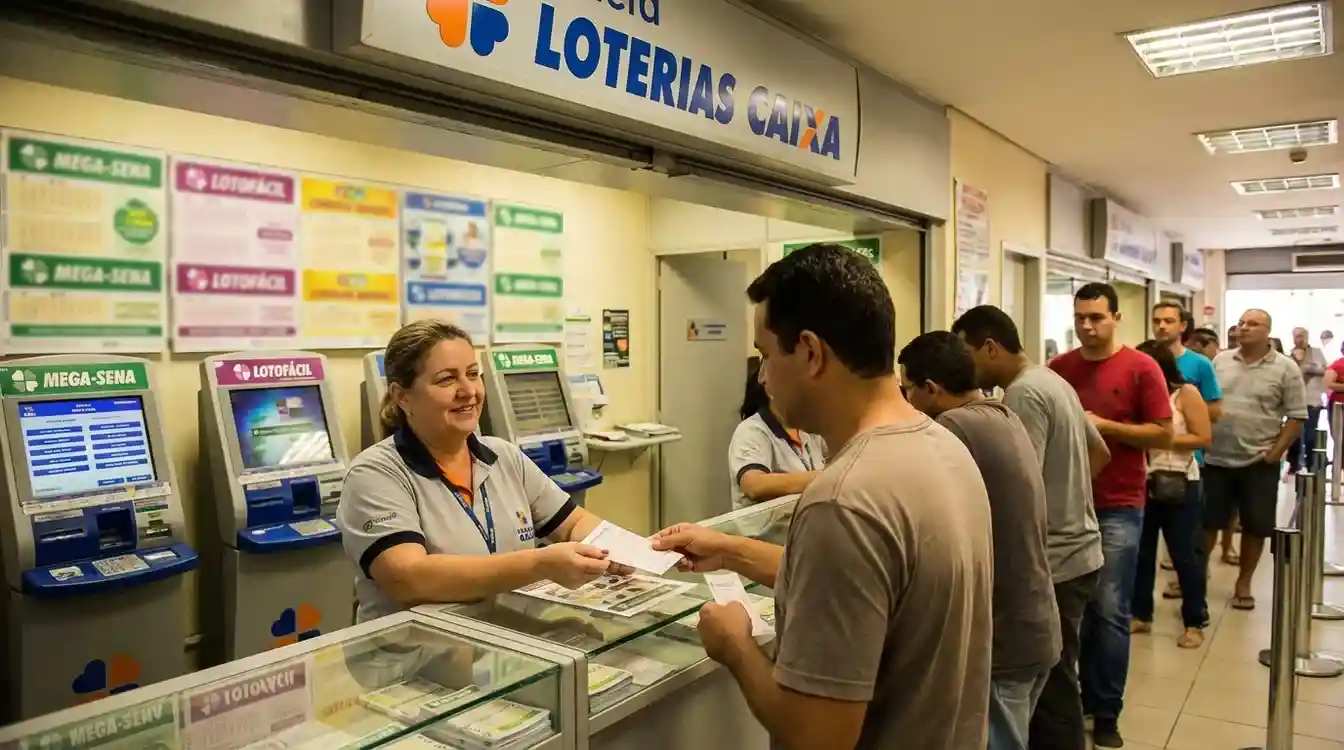 Interior de casa lotérica com atendente e cliente