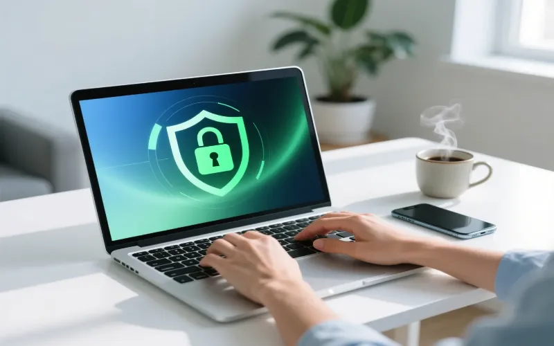 Laptop em ambiente de home office mostrando interface segura com ícone de cadeado verde e símbolo de escudo, representando segurança digital nas apostas online