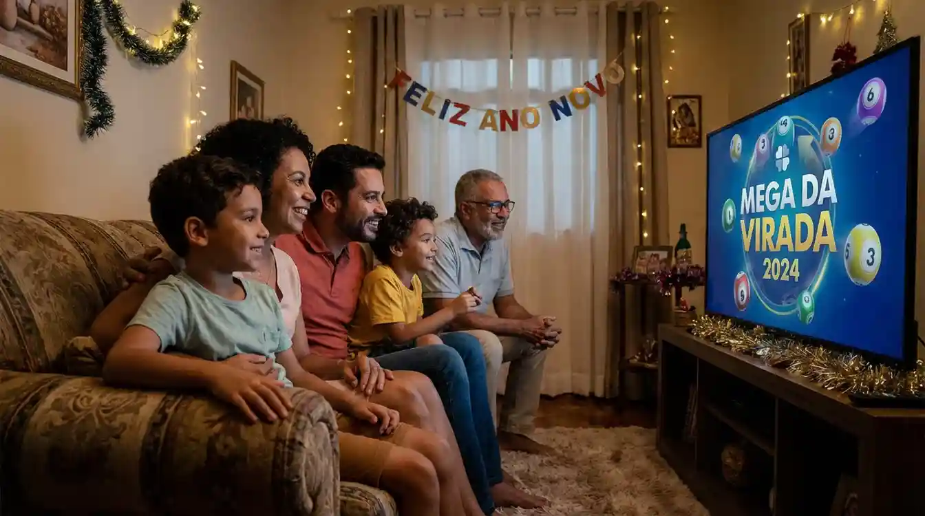 Família reunida assistindo ao sorteio da Mega da Virada na televisão