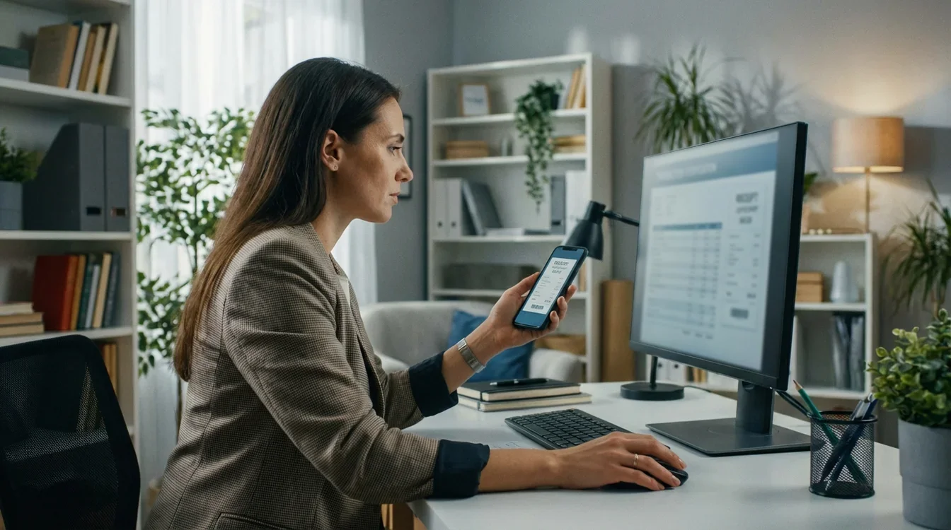 Pessoa verificando comprovantes de pagamento em computador e smartphone