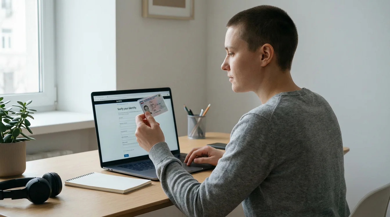 Pessoa segurando documento de identidade próximo ao computador