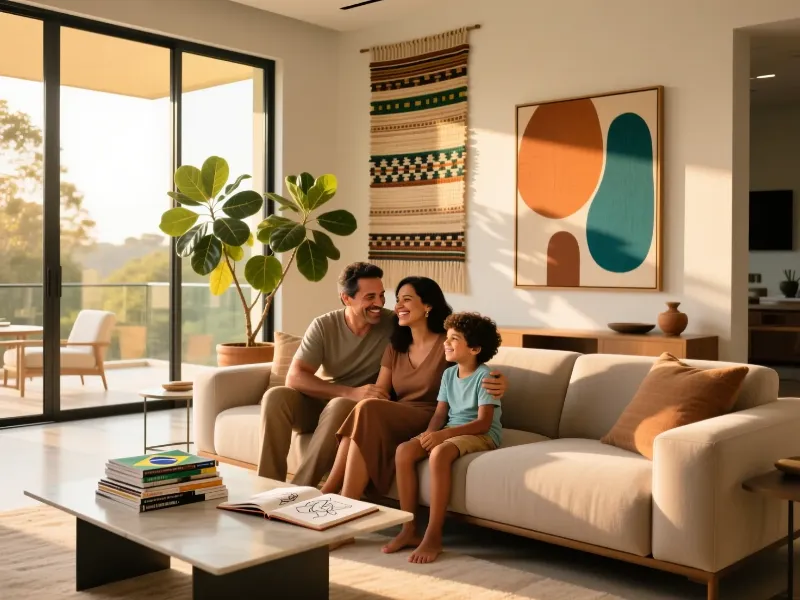 Fam&iacute;lia brasileira feliz reunida em sala de estar moderna e confort&aacute;vel