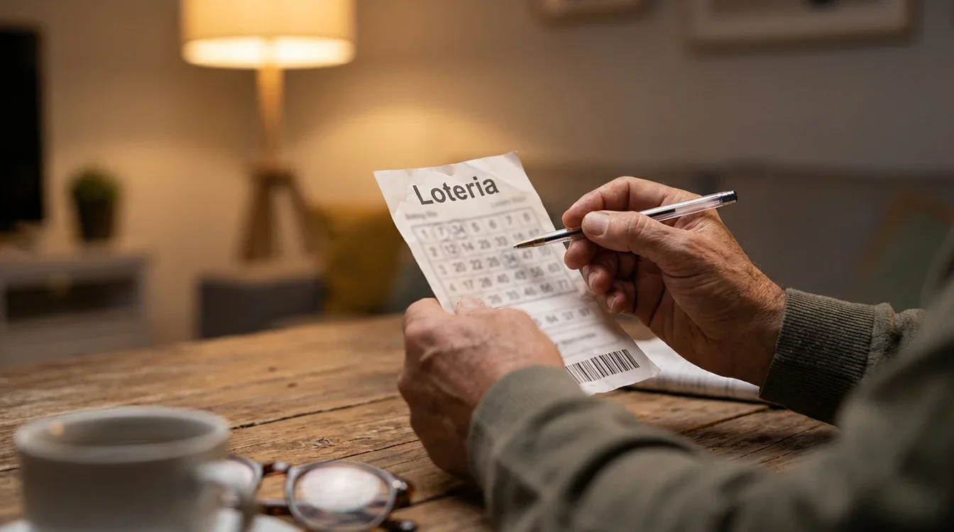 Pessoa analisando volante de loteria com marca&ccedil;&otilde;es de dezenas